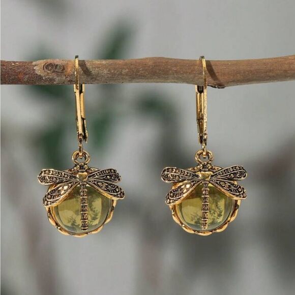 Vintage Style Dragonfly Shape yellow Crystal Pendant Bohemian Earrings - Picture 2 of 10